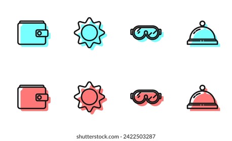 Set line Ski goggles, Wallet, Sun and Hotel service bell icon. Vector