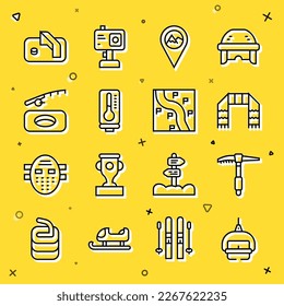 Set line Ski lift, Ice axe, Winter scarf, Location with mountain, Meteorology thermometer, fishing, hockey goal and Route location icon. Vector