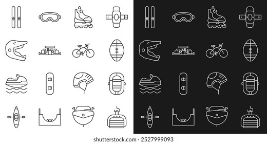 Set line Ski lift, Rafting boat, Rugby ball, Roller skate, Formula 1 racing car, Motocross motorcycle helmet, and sticks and Bicycle icon. Vector