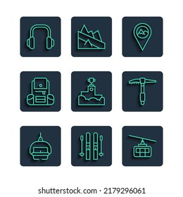 Set line Ski lift, and sticks, Cable car, Location with mountain, Award winner podium, Hiking backpack, Winter headphones and Ice axe icon. Vector