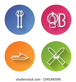 Set line Ski poles, Diving mask and aqualung, Jet ski and Ski and sticks. Color circle button. Vector
