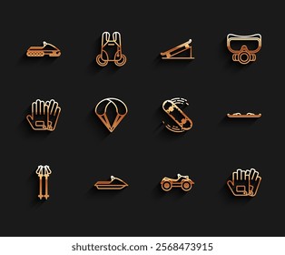 Set line Ski poles, Jet ski, Snowmobile, All Terrain Vehicle or ATV motorcycle, Gloves, Parachute, Snowboard and Skateboard trick icon. Vector