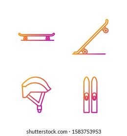 Set line Ski and sticks, Bicycle helmet, Skateboard and Skateboard. Gradient color icons. Vector