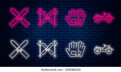 Set line Ski and sticks, Gloves, Ski and sticks and All Terrain Vehicle or ATV motorcycle. Glowing neon icon on brick wall. Vector