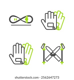 Set line Ski and sticks, Gloves,  and Skateboard trick icon. Vector