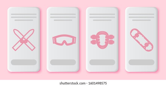 Set line Ski and sticks, Ski goggles, Knee pads and Skateboard trick. White rectangle button. Vector