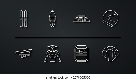 Set line Ski and sticks, Hang glider, Helmet, First aid kit, Snowmobile, Surfboard, Parachute and Formula 1 racing car icon. Vector