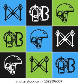 Set line Ski and sticks, Helmet and Diving mask and aqualung icon. Vector