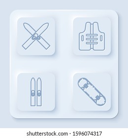 Set line Ski and sticks, Life jacket, Ski and sticks and Skateboard trick. White square button. Vector