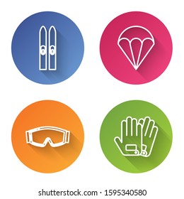 Set line Ski and sticks, Parachute, Ski goggles and Gloves. Color circle button. Vector