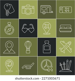 Línea Ski y palos, Plane, cama de habitación del hotel, remolque Rv Camping, gafas de amor con forma de corazón, brújula, llave de cerradura de puerta e icono. Vector
