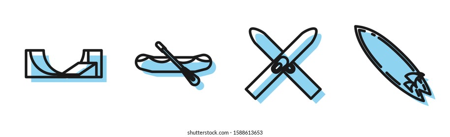 Set line Ski and sticks, Skate park, Rafting boat and Surfboard icon. Vector