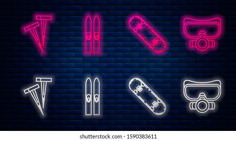 Set line Ski and sticks, Skateboard trick, Pegs for tents and Diving mask. Glowing neon icon on brick wall. Vector