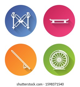 Set line Ski and sticks, Skateboard, Surfboard and Bicycle wheel. Color circle button. Vector