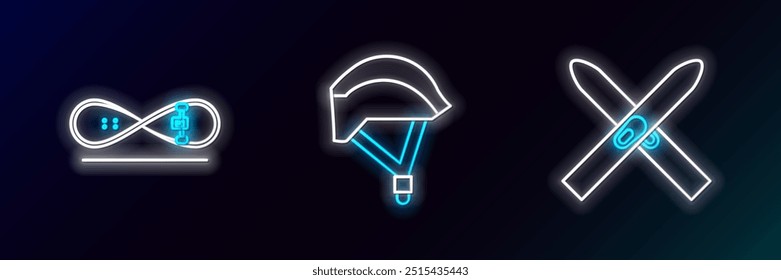 Set line Ski and sticks, Skateboard trick and Bicycle helmet icon. Glowing neon. Vector