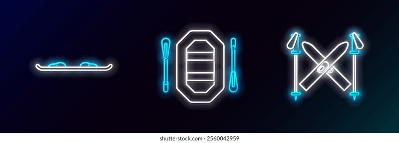 Set line Ski and sticks, Snowboard and Rafting boat icon. Glowing neon. Vector