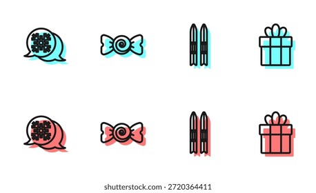 Set línea de esquí y palos, burbuja de discurso de copo de nieve, caramelo y icono de caja de regalo. Vector