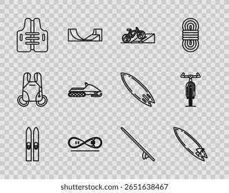 Definir linha Ski e varas, Surfboard, Bicicleta na rampa da rua, Skate truque, Jaqueta de Vida, Snowmobile, e ícone. Vetor