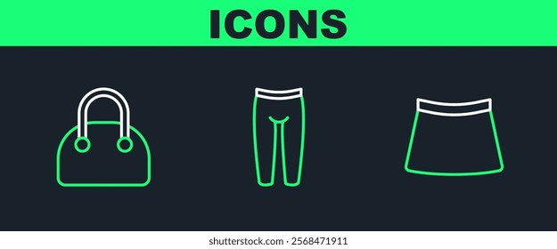 Set line Skirt, Handbag and Leggings icon. Vector