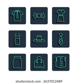 Set line Skirt, Handbag, Waistcoat, Woman dress, Man hat, Shirt and Tie icon. Vector