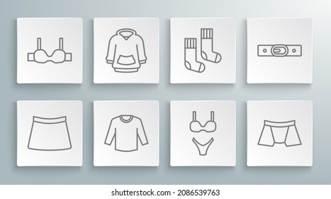 Set line Skirt, Hoodie, Sweater, Swimsuit, Men underpants, Socks, Belt and Bra icon. Vector