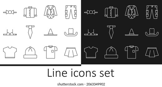 Fijar la falda de línea, sombrero de hombre, blazer o chaqueta, corbata, corbata de vaca, obrero de jardinero e icono de camiseta. Vector