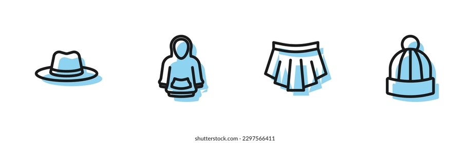 Set line Skirt, Man hat, Hoodie and Winter icon. Vector