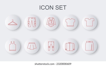 Set line Skirt, Sleeveless T-shirt, Blazer or jacket, Hanger wardrobe, Cargo pants,  and Pants icon. Vector