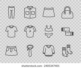 Set line Skirt, Socks, Tie, Leggings, T-shirt, Sweater and Winter scarf icon. Vector