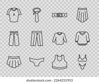 Set line Skirt, Swimsuit, Belt, Men underpants, T-shirt, Pants, Undershirt and Sweater icon. Vector