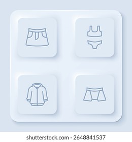 Set linha saia, maiô, capuz e cuecas masculinas. Botão quadrado branco. Vetor