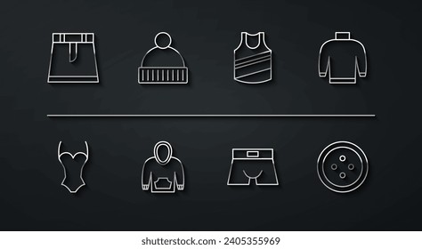 Set line Skirt, Swimsuit, Sweater, Men underpants, Hoodie, Beanie hat, Sewing button for clothes and Undershirt icon. Vector