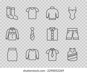 Set line Skirt, Undershirt, Sweater, Socks, Tie, Shirt and Short or pants icon. Vector