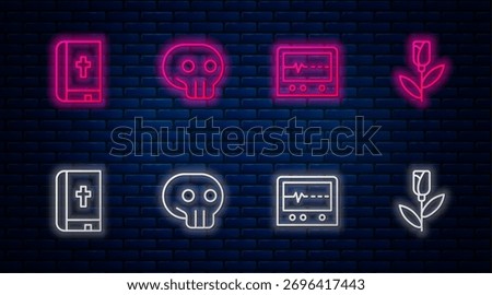 Set line Skull, Beat dead in monitor, Holy bible book and Flower rose. Glowing neon icon on brick wall. Vector