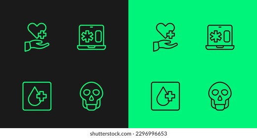 Ajuste la línea Skull, prueba de sangre, corazón con cruz y registro clínico en el icono de la laptop. Vector