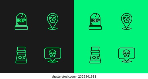 Set line Skull, Bottle with potion, Tombstone RIP written and  icon. Vector