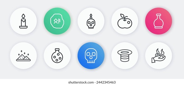Set line Skull, Bottle with potion, Magic powder, hat, Poison apple, Burning candle skull, Hand holding fire and  icon. Vector