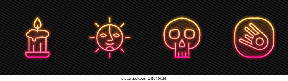 Cráneo de línea fija, vela ardiente, sol y cometa cayendo rápidamente. Icono de neón brillante. Vector