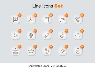 Calavera, boleto de circo, candelabro, caldero de bruja, ojo de Dios que todo lo ve, sombrero, botella con poción e icono de sierra de mano. Vector