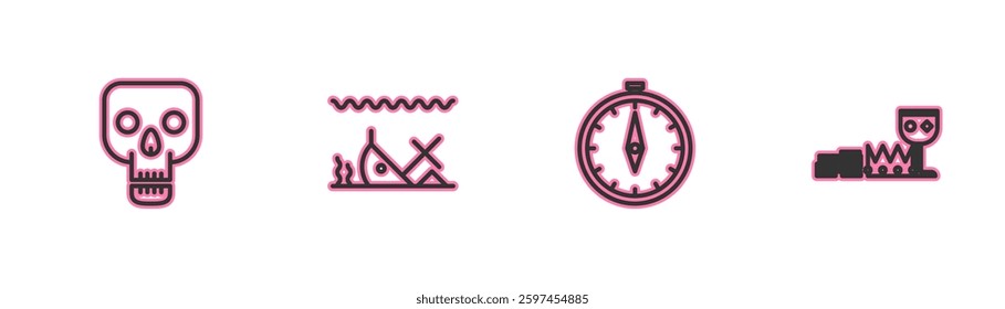 Set line Skull, Compass, Sunken ship and Treasure and riches icon. Vector