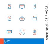Set line Skull, Crossed bones, Happy Halloween holiday, witch cauldron, Pumpkin, Candy and Flying bat icon. Vector