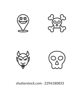 Set line Skull, Devil head, Happy Halloween holiday and on crossbones icon. Vector