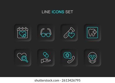 Set line Skull, Emergency call 911, Medical prescription, heart inspection, Dental clinic location, Test tube with blood, Glasses and Doctor appointment icon. Vector