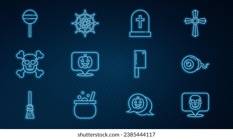 Set line Skull, Eye, Tombstone with cross, Pumpkin, crossbones, Lollipop, Meat chopper and Spider web icon. Vector