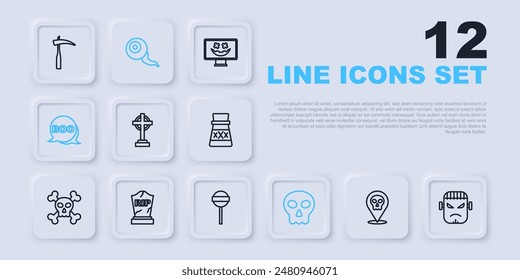 Set line Skull, Frankenstein face, Tombstone with cross, Boo speech bubble, RIP written, Eye and Lollipop icon. Vector