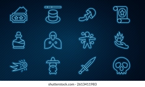 Set line Skull, Hand holding a fire, Psilocybin mushroom, Mantle, cloak, cape, Bottle with potion, Ticket, Voodoo doll and Magic hat wand icon. Vector