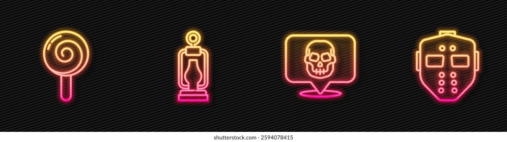 Set line Skull, Lollipop, Camping lantern and Hockey mask. Glowing neon icon. Vector