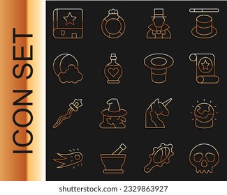 Set line Skull, Magic ball, scroll, Magician, Bottle with love potion, Moon and stars, Ancient magic book and hat icon. Vector