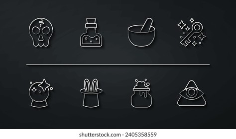 Set Linie Schädel, Zauberkugel, Alte Zauberschlüssel, Hexenkessel, Zauberhut und Kaninchenohren, Flasche mit Tränen, Allsehendes Auge Gottes und Symbol. Vektorgrafik