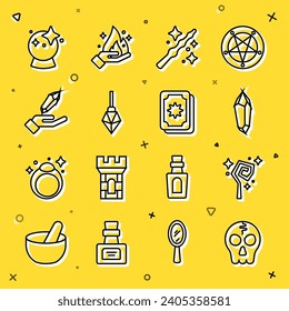 Set line Skull, Magic staff, stone, wand, ball and Tarot cards icon. Vector